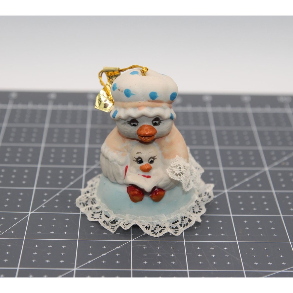 Vintage JASCO Bisque Porcelain Goose Bell Ornament Mother & Baby Duck Lace‎ Trim